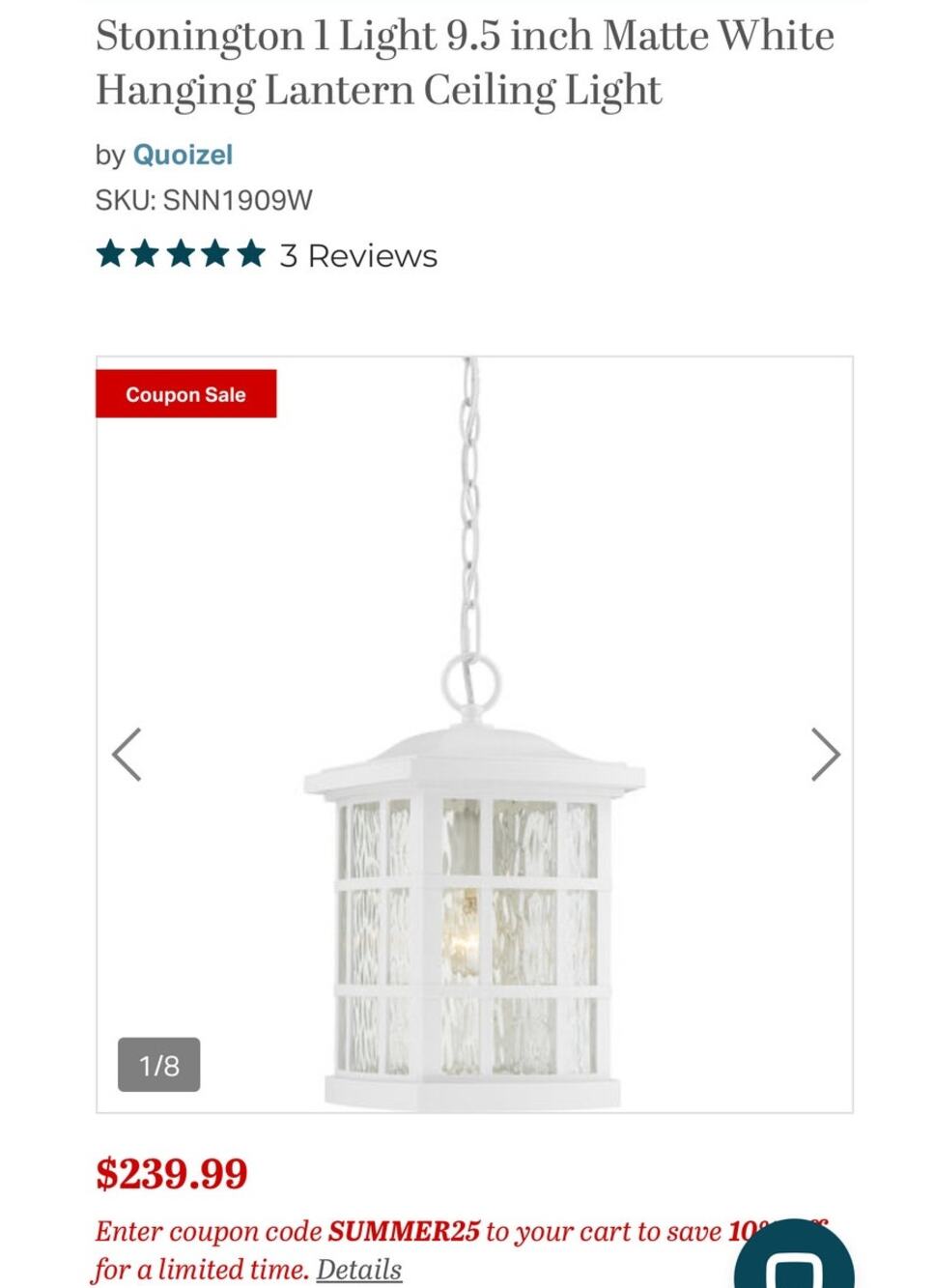 Stonington Matte White Hanging Lantern Ceiling 9.5 inch Light New in Box